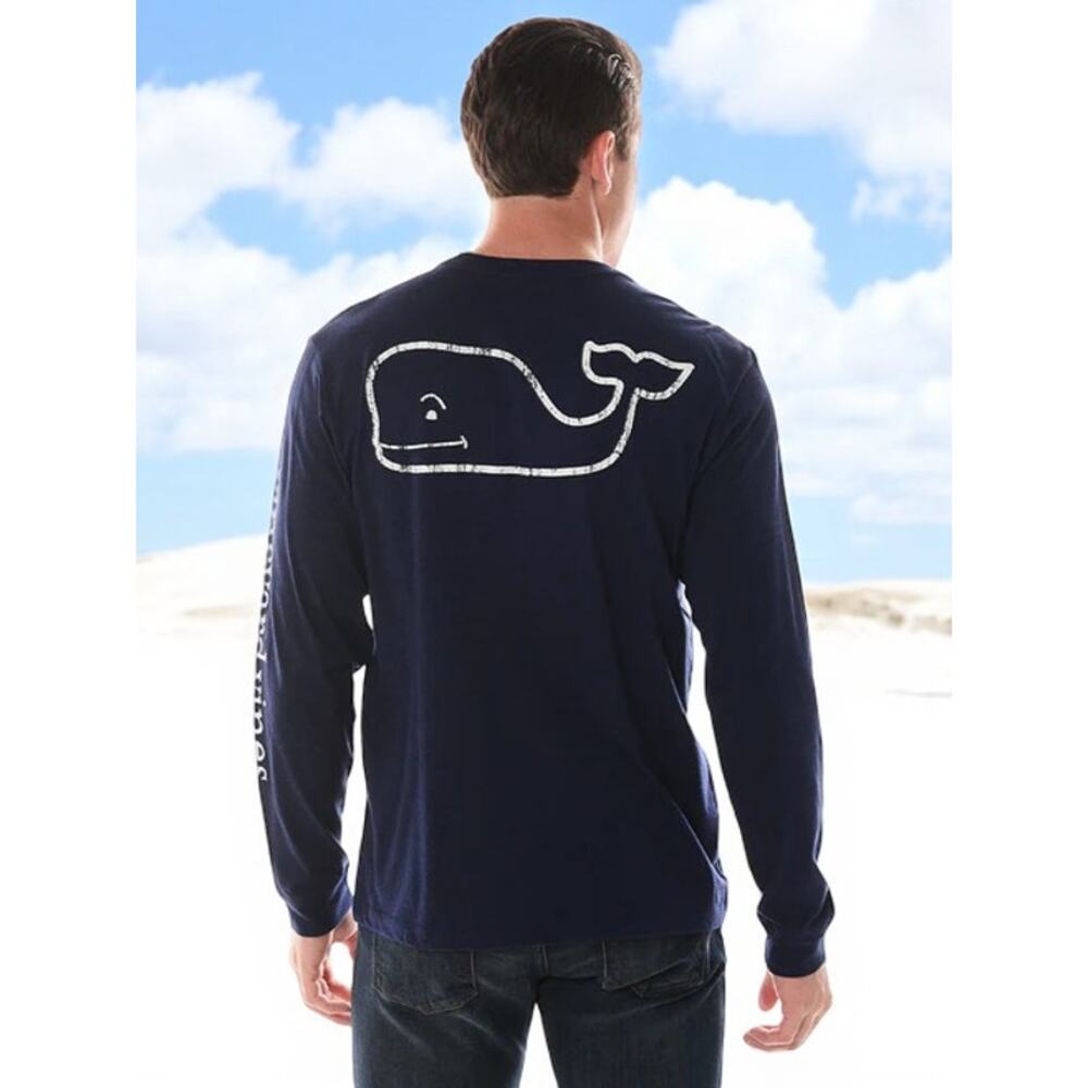 Vineyard Vines Mens T-Shirt XS Long Sleeve Heathered Vintage Whale Pocket Navy